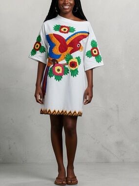 Vtg 80s Canal Club Embroidered Mola Parrot Floral T-Shirt Dress Sz M/L Boho